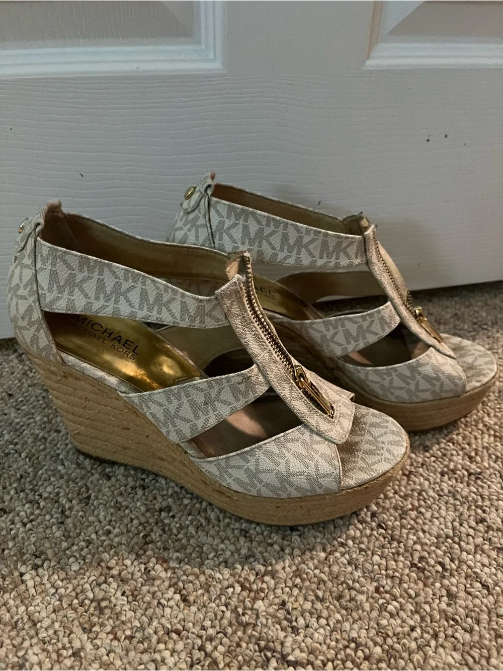 Michael Kors Beige Logo Front-Zip Espadrille Wedge Sandals